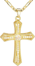 14K Gold Plated Cross Necklace for Women, Cubic Zirconia Copper Cross Pendant, Valentine's Mother's Day Gifts for Her with Jewelry Box Figaro Link Chain, Alloy Brass CZ Diamond Bridal Wedding
