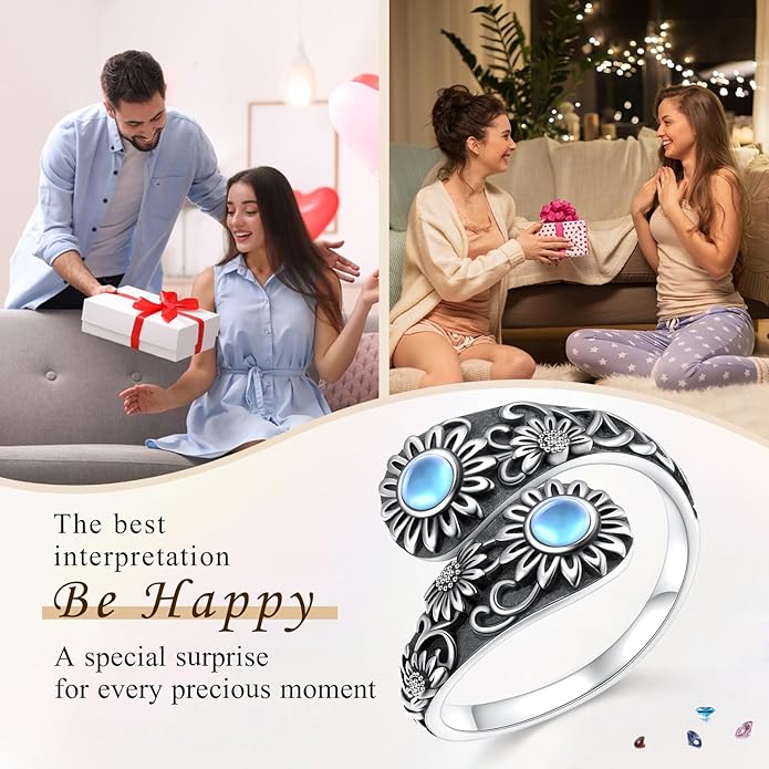 925 Sterling Silver Hummingbird/Sunflower Turquoise/Moonstone/Lily of the Valley Flower Spoon Ring Adjustable Open Ring Statement Thumb Ring Jewelry for Women