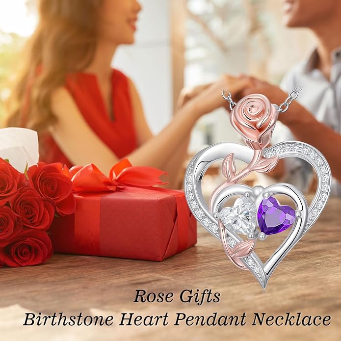 Rose Flower Heart Pendant for Women Birthday Gifts 18k Gold Plated Mother Daughter Necklace with 12 Months Birthstone Christmas Valentines Day Gifts for Her Mom Anniversarry Jewelry for Mom Wife Girlfriend