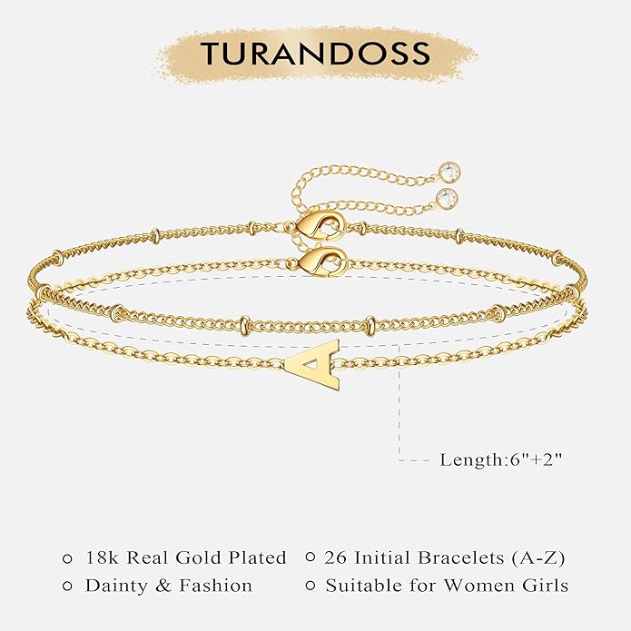 Turandoss Gold Initial Bracelets for Women Girls Valentines Day Gifts - 18K Gold Plated Layered Letter A-Z Initial Bracelets Dainty Bracelet Jewelry Gift for Women Girls Valentines Day Gifts for Her
