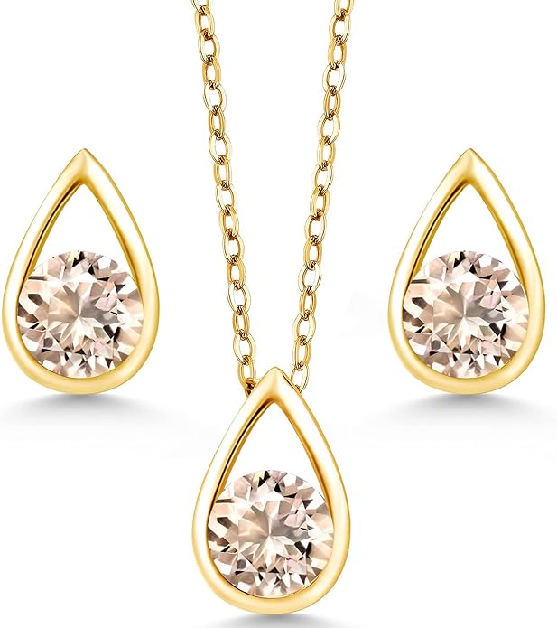 Gem Stone King 18K Yellow Gold Plated Silver 5MM Round Gemstone Birthstone Teardrop Pendant Earrings Set | Jewelry Set for Women | With 18 Inch Chain