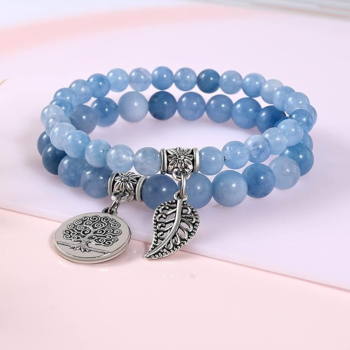 Bivei Natural Semi Precious Gemstone beads bracelet for women - Life Tree and Leaf Charm Energy Reiki Crystal Stretch Bracelets