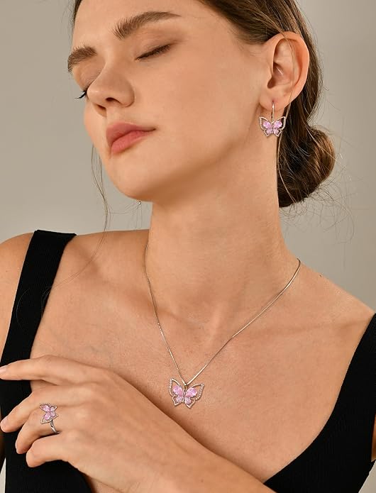 YL Women's Butterfly Necklace 925 Sterling Silver Flower Rose Pendant Birthstone Halo Jewelry