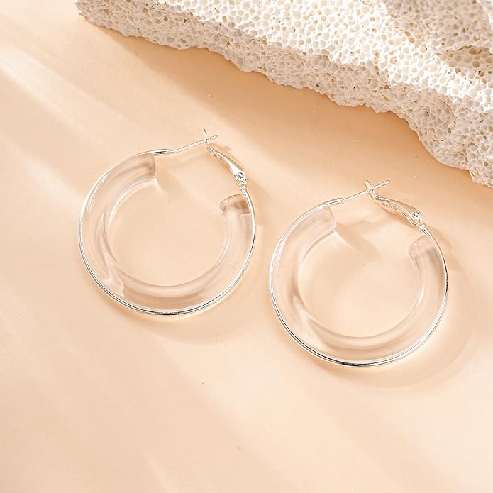 Acrylic Hoop Earrings Sterling Silver Lucite Clear Resin Rectangle Transparent Hoops for Women