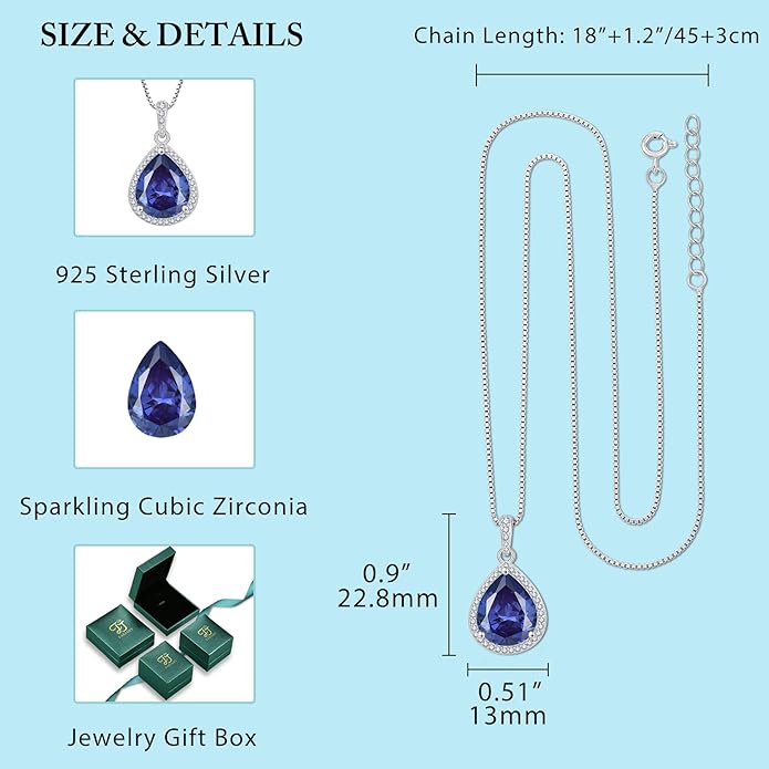 FJ Teardrop Pendant Necklace 925 Sterling Silver Birthstone Jewelry Gifts for Women