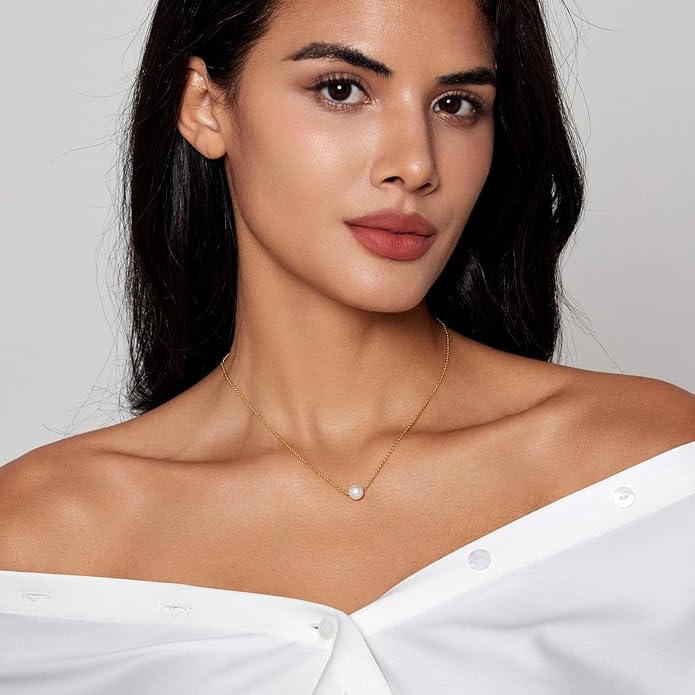Zeffy Pearl Necklace 4MM/6MM/8MM Dainty Round Imitation Pearl Choker Necklace Wedding Pearl Necklace Delicate Jewelry for Women Simple Bridesmaid Jewelry Gifts