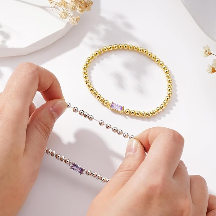Yoosteel Valentines Gifts for Her Kids Girls - Valentines Day Bracelets Dainty Birthstone Bracelet for Women Elastic 14K-Gold-Plated Bead Bracelets Trendy Friendship Birthday Jewelry Gift for Teenage Girl Women