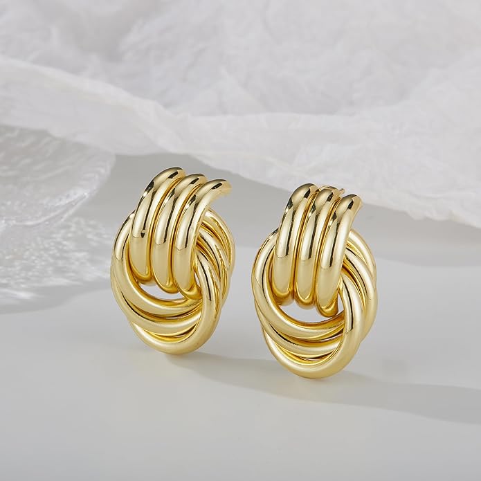 Chunky Gold Knot Earrings for Women, Gold Silver Statement Geometric Drop Dangle Long Link Earrings Trendy Dupes Jewelry