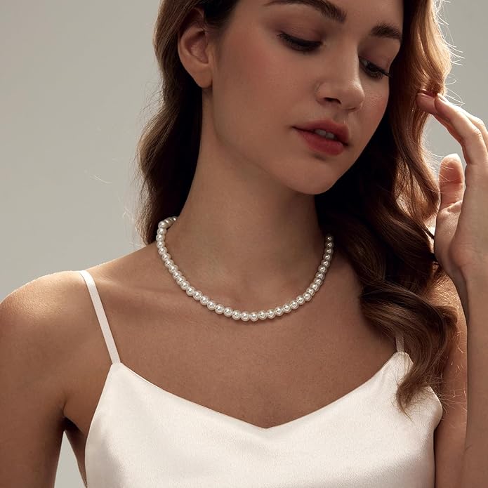 Zeffy Pearl Necklace 4MM/6MM/8MM Dainty Round Imitation Pearl Choker Necklace Wedding Pearl Necklace Delicate Jewelry for Women Simple Bridesmaid Jewelry Gifts
