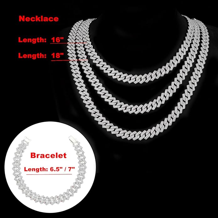 HH BLING EMPIRE 14k Gold/Silver Cuban Link Chain for Women Iced Out Diamond Chunky Cuban Link Necklace Chain Bracelet 2pcs Sets