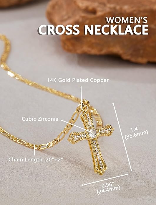 14K Gold Plated Cross Necklace for Women, Cubic Zirconia Copper Cross Pendant, Valentine's Mother's Day Gifts for Her with Jewelry Box Figaro Link Chain, Alloy Brass CZ Diamond Bridal Wedding