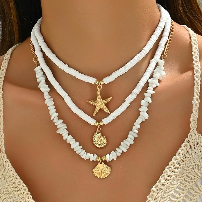 Gold Sea Shell Necklace Layered Charm Necklace for Women Boho Summer Seashell Beach Starfish Necklaces 14k Pearl Chain Surfer Jewelry Beach Vacation Essentials