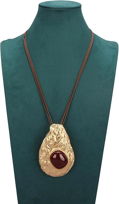GelConnie Leather Necklace for Women Large Pendant Long Brown Necklace Circle Leather Choker Vintage Sweater Necklace Gold Chunky Boho Necklaces for Women