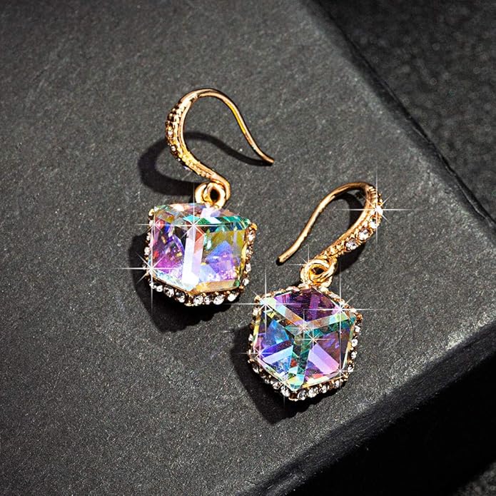Austrian Crystal Cube Drop Dangle Earrings for Women 14K Gold Plated Hypoallergenic Jewelry