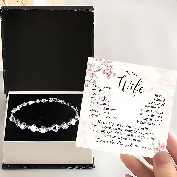“To My Wife Heart Bracelet – Crystal Heart Link Jewelry Gift with Message Card”.