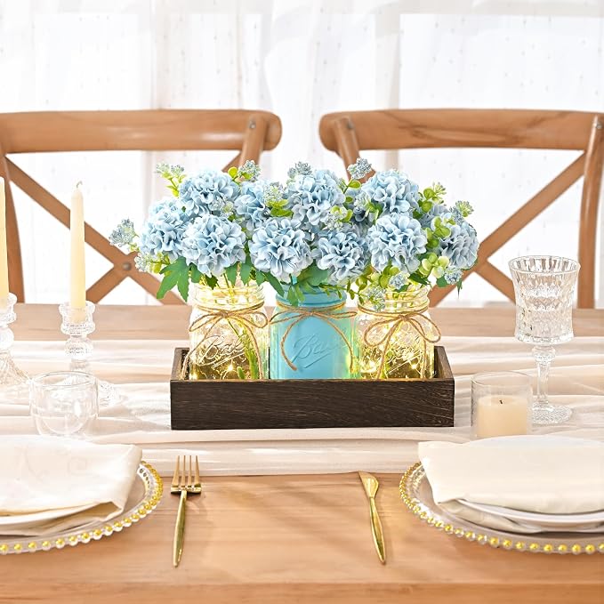 BLEUM CADE 3Pcs Mason Jar with Artificial Flowers Wood Tray and Light | - Image 7