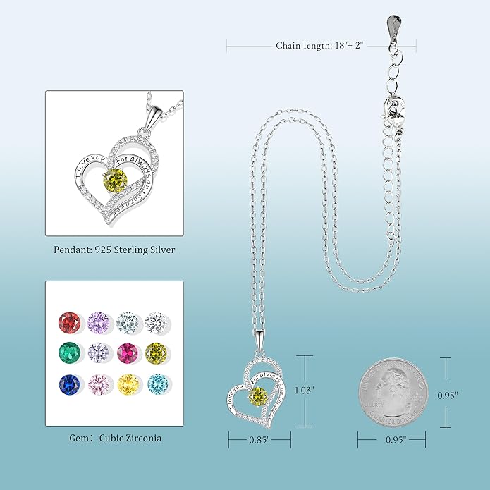 Birthday Gifts Double Heart Birthstone Necklace for Women, S925 Sterling Silver Pendant Necklace Jewelry for Her Mother Mom Wife Girlfriend