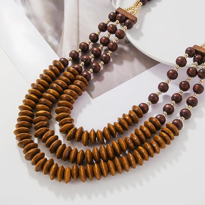 Coiris Layer Chunky Wood Beaded Necklace Exaggerated Statement Bead Collar Necklace Bib Necklaces