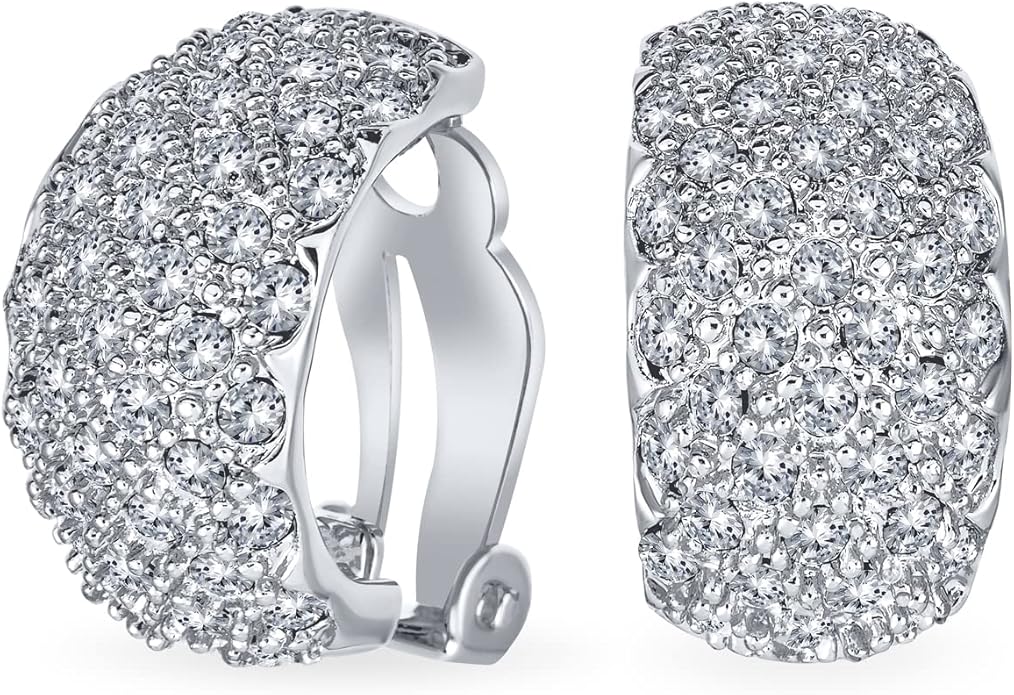 Fashion Bridal Wedding 3 Row Pave Crystal Dome Endless Hinged Huggie Hoop Clip On Earrings For Women Non Pierced Ears Yellow Gold Silver Plated