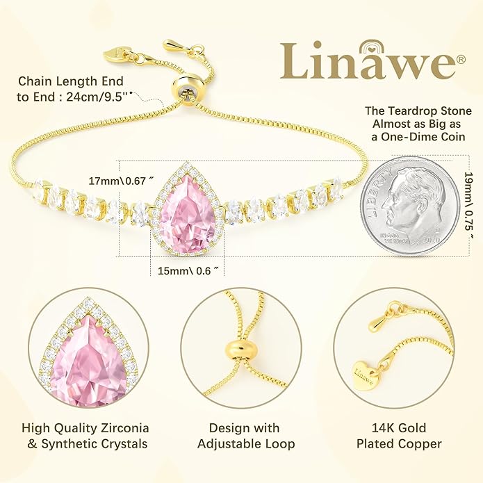 Linawe Crystal Imitation Diamond Rhinestone Charm Bracelets for Women, Gold/Silver/Rose Gold Adjustable Chain Bracelet, Teardrop Birthstone Cubic Zirconia Prom Costume Wedding Jewelry