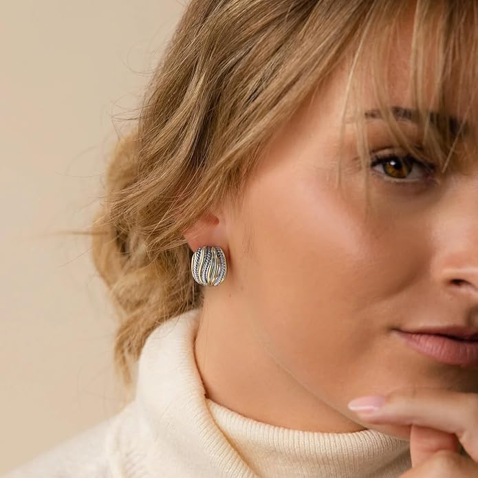 Mytys Two Tone Huggie Hoop Earrings Cross Over Design Twisted Rope Silver Gold Statement Wide Band Clip On Hoops for Women Fashion Jewelry Gift