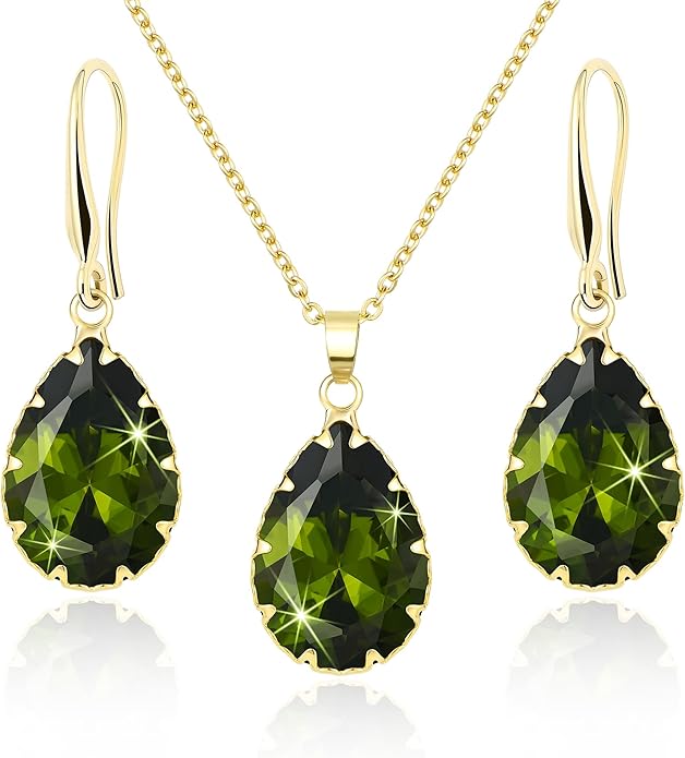 Linawe Crystal Jewelry Sets for Women, Imitation Diamond Pendant Necklace, Rhinestone Drop Dangle Earrings, Birthstone Cubic Zirconia Matching Wedding Jewelry, 14K Gold/Rose Gold/Silver Tones
