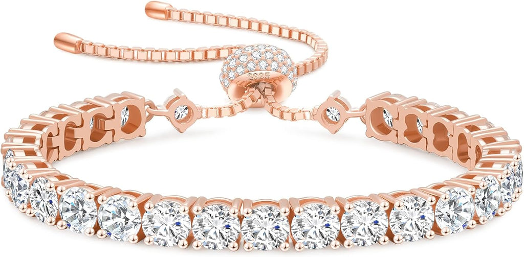 KRKC&CO Moissanite Bolo Tennis Bracelets for Women, 1.6-8.0 ct.tw, Adjustable Length S925 Sterling Silver, Christmas Gifts for Her, Luxury Box, 2/3/4mm D Color VVS1 White/14K/24K/Rose Gold Plated