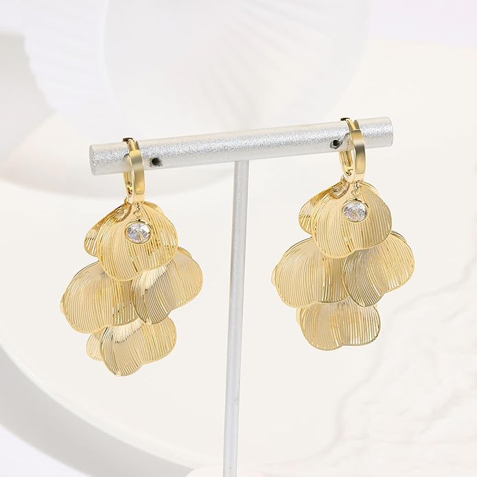 Boho Flower Layered Floral Leaf Drop Dangle Earring For Women,Metal CZ Gold Lightweight Flower Bohemian Gold Petal Exaggerated Jewelry Earrings For Women Brides Party Prom Wedding