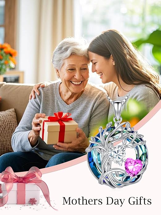TOUPOP s925 Sterling Silver Family Celtic Tree of Life Pendant Necklaces with 2 Heart Birthstone with Blue Austrian Crystal Jewelry Birthday Valentines Day Gifts for Her, Anniversary Christmas Gifts for Wife Girlfriend Mom (18K Real White Gold Filled)