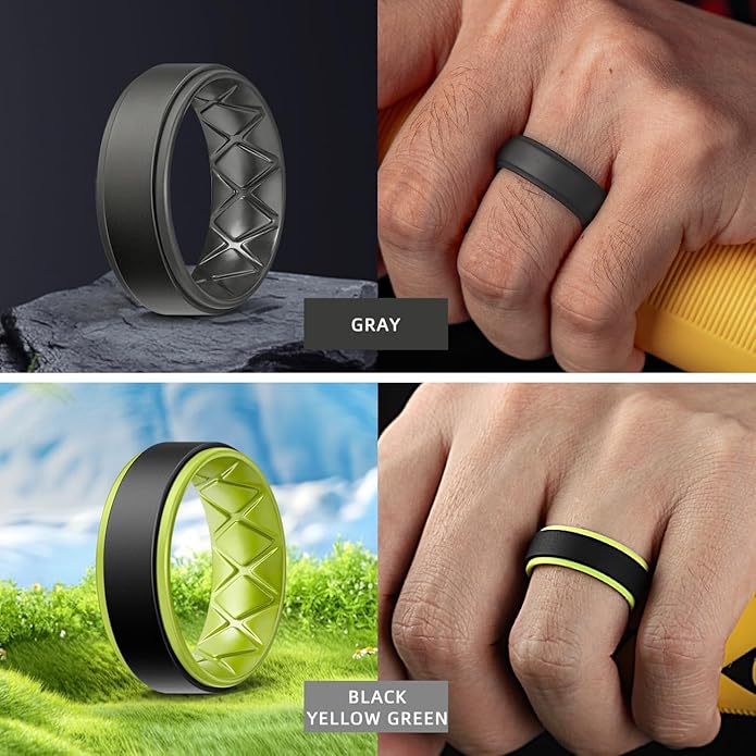 Egnaro Silicone Rings for Men 1/4/5/6/7 Multipack of Breathable Mens Silicone Rubber Wedding Rings Bands - Step Edge
