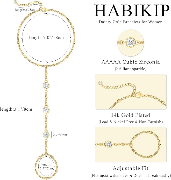 Valentine Gift 14K Gold Plated Hand Chain Bracelet for Women Trendy, 2 Pcs Stackable Gold/Silver Finger Ring Bracelet Hand Chain Dainty Non Tarnish Waterproof Set Jewelry Adjustable 7'+2