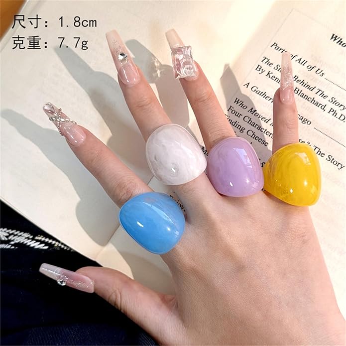 PINK TOWN Resin Chunky Ring, Multicolor Acrylic Stackable Rings Set Vintage Plastic Knuckle Rings Aesthetic Y2k Statement Rings Thick Dome Finger Joint Ring for Women