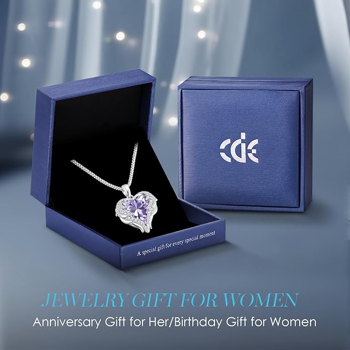 CDE Valentines Day Gifts for Women Angel Wings Necklace for Women with Birthstone, Love Heart Silver Tone/Gold Tone Pendant, Ideal Anniversary or Birthday Jewelry Gifts for Wife Girlfriend Her