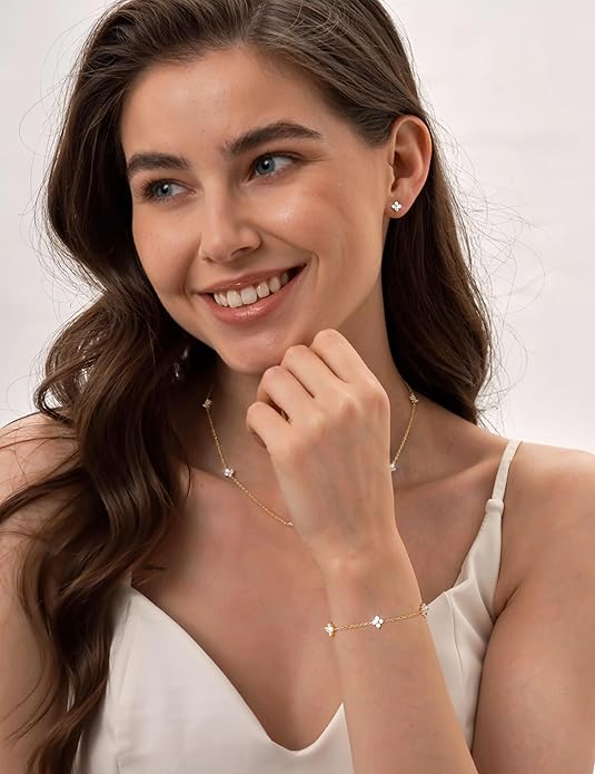 ORAZIO Dainty Silver Gold Jewelry Set for Women Trendy 14K Gold Plated CZ Flowers Pendant Choker Necklaces for Women Stud Earrings Clover Link Bracelets Stack Jewelry Gifts for Wedding Prom Brides