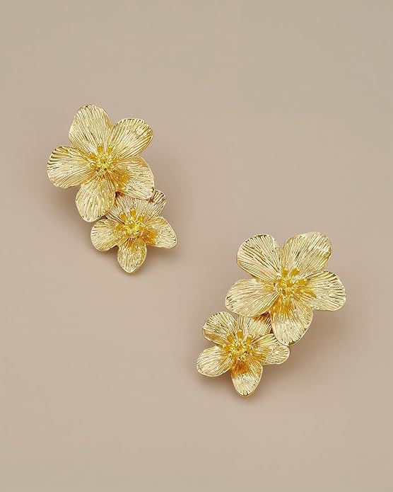 18K Gold Plated Large Chunky Flower Statement Earrings for Women by SNGIA, Summer Beach Floral Handmade Drop Jewelry, Maximalist Wedding Date Birthday Gift, Bold Exaggerated Textured Dangle Trendy Ribbed Jewelry, 18K Gold Plated Chandelier Fashion Acce...