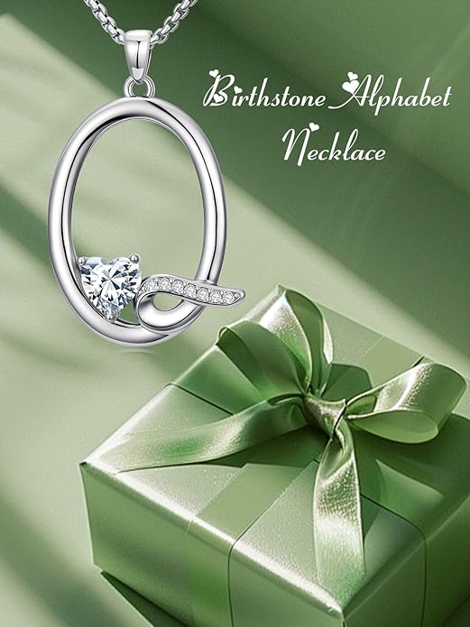 Valentines Day Gifts for Women Alphabet A to Z Initial Birthstone Pendant Necklaces for Women - 18k White Gold Plated Personalized Name Jewelry Valentine Mothers Day Birthday Gifts for Women Her Girlfriend