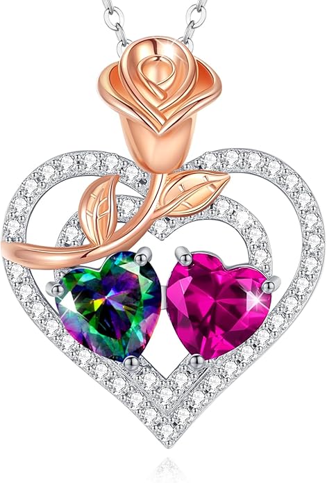 AGVANA Valentines Day Gifts Birthstone Necklace for Women Sterling Silver Rose Flower Heart Double Birthstone Jewelry Pendant Necklace Anniversary Birthday Gifts for Women Mom Wife Girlfriend Her