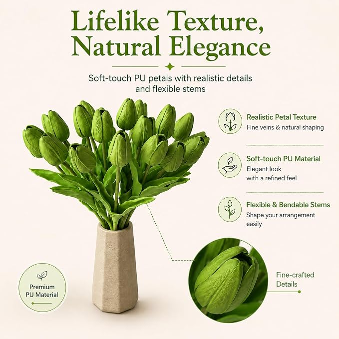 Mandy's 20pcs Artificial Green Tulips | 13.5 Inch Lifelike PU Tulips Faux - Image 2