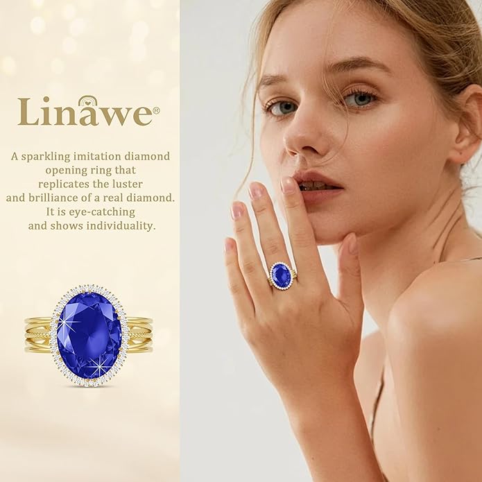 Linawe Birthstone Chunky Adjustable Rings for Women, Gold/Silver/Rose Gold Statement Rings, Imitation Diamond Fake Gemstone Crystal Cocktail Ring, Cubic Zirconia Costume Jewelry