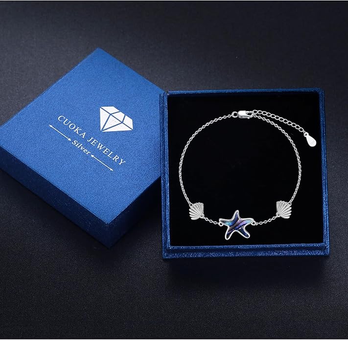 Cuoka Abalone Starfish Bracelet for Women S925 Silver Plated Adjustable Shell Sea Beach Ocean Bracelet Summer Beach Jewelry