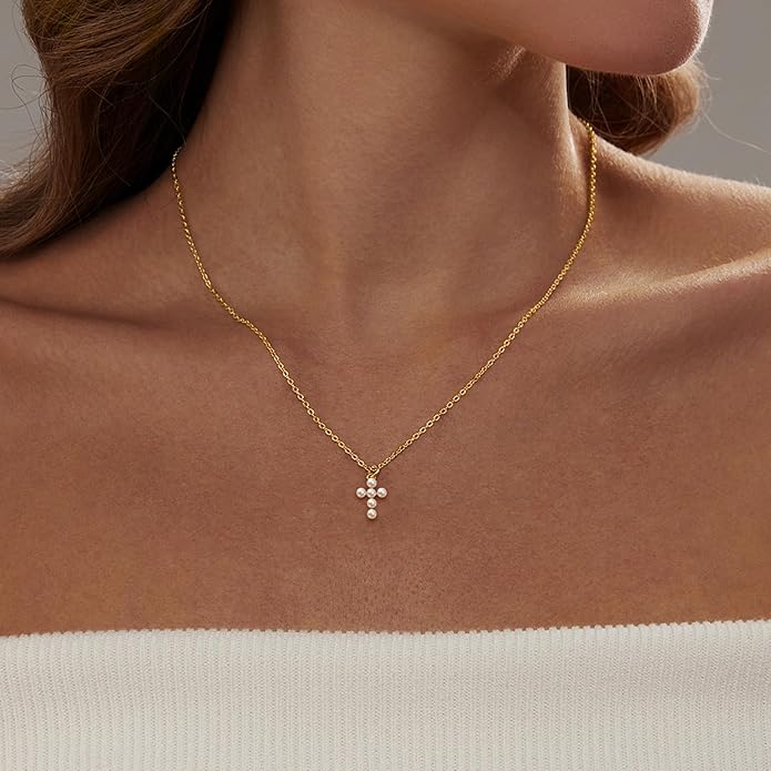 Zeffy Cross Necklace for Women,18K Gold/Silver Plated Tiny Cubic Zirconia Cross Pendant Necklace for Women Simple Layered Cross Necklaces for Women