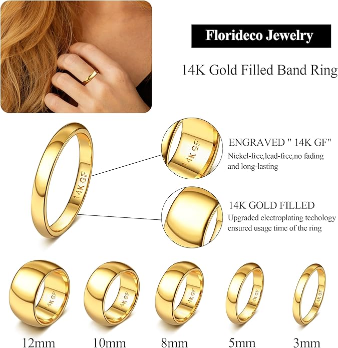 Florideco 14K Gold Filled Ring for Women Men Thick Thin Pinky Thumb Ring Wedding Band Ring Non Tarnish Plain Domed Comfort Fit Size 6 to 10