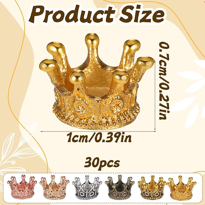 30 PCS Mini Crowns for Crafts, Mixed Color Vintage Crown Charms 3D Alloy King Crown‘s Beads Large Hole Spacer Beads for DIY Crafts Jewelry Necklace Making Supplies