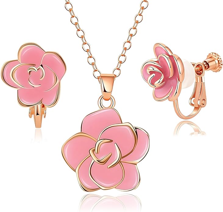 Dainty Rose Flower Pendant Necklace Clip On Earrings Set for Women 14K Gold Plated Hypoallergenic Jewelry Sets