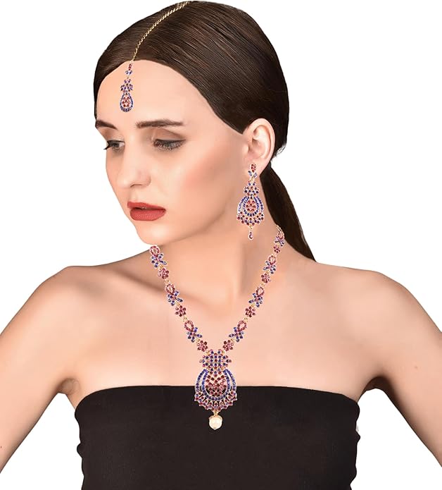 Touchstone Indian jewelry sets for women maang tikka wedding guest gold necklace bollywood jewellery set pageant elegant prom bride accessories western crystal chunky rhinestone necklaces