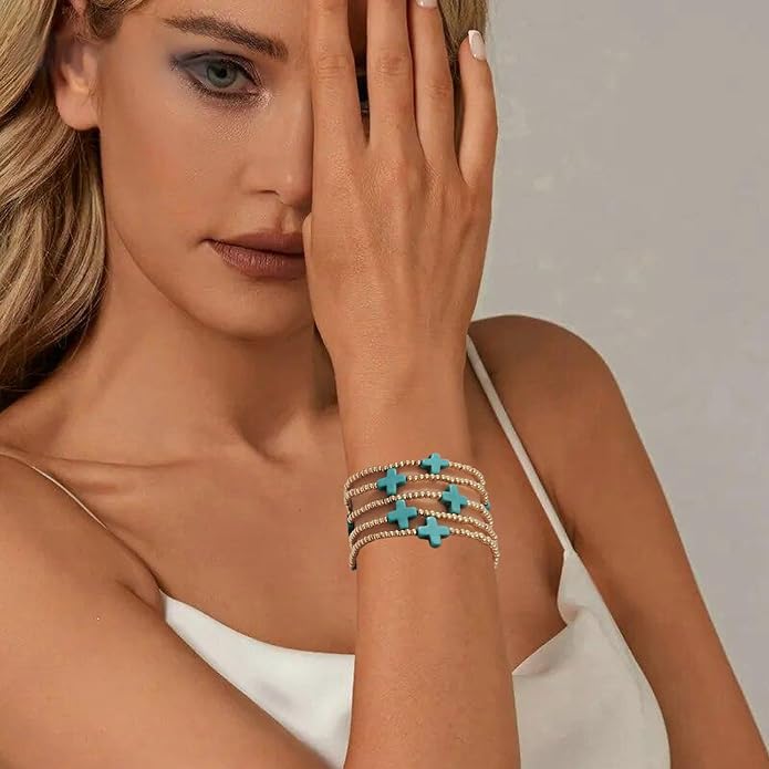 Gold Plated Beaded Bracelets for Women Trendy, 14K Gold Plated Stack Cross Pearl Gold Plated Bead Stretch Bracelets Set Elastic Hypoallergenic Bracelets Jewelry Gifts
