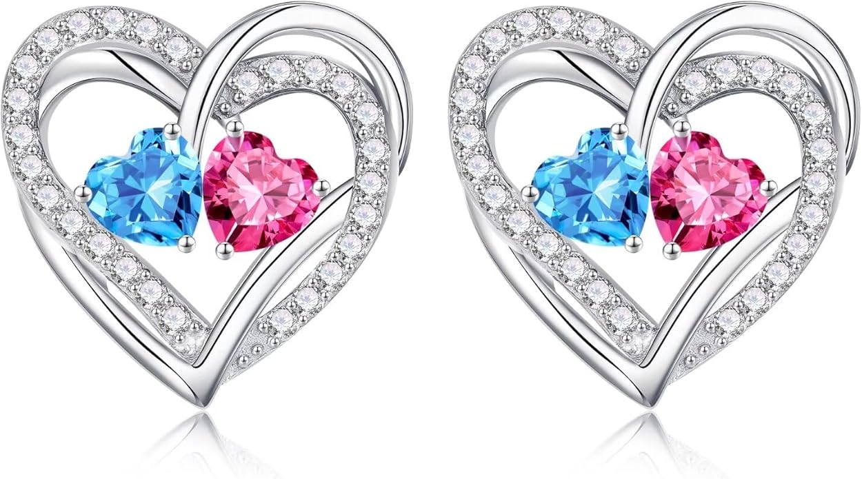 Iefil Valentines Day Gifts for Her, 925 Sterling Silver Heart Birthstone Earrings, Anniversary Birthday Gifts for Women, Birthstone Jewelry for Her Wife Girlfriend Mom