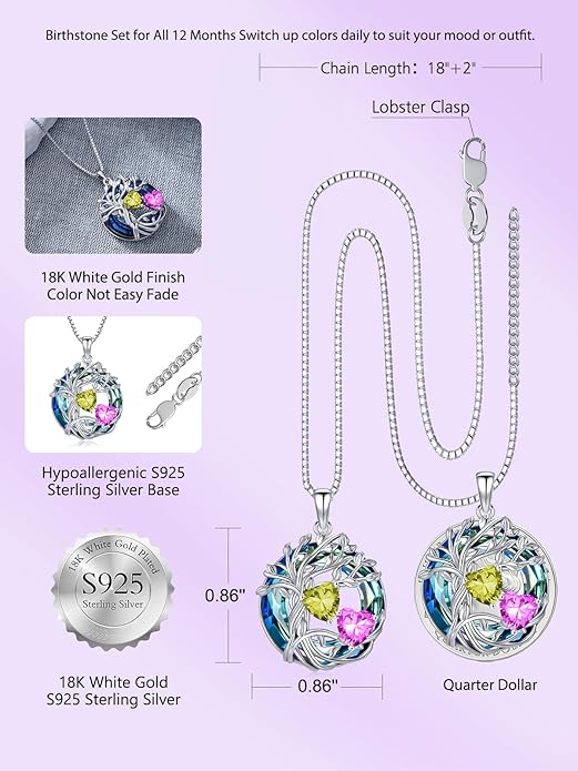 TOUPOP s925 Sterling Silver Family Celtic Tree of Life Pendant Necklaces with 2 Heart Birthstone with Blue Austrian Crystal Jewelry Birthday Valentines Day Gifts for Her, Anniversary Christmas Gifts for Wife Girlfriend Mom (18K Real White Gold Filled)