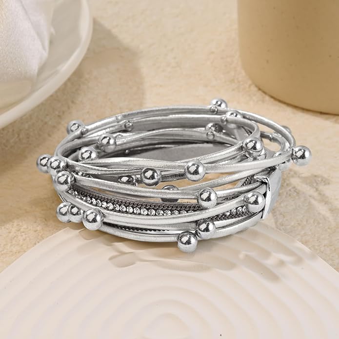 Wrapped Bracelets for Women,Leather Bracelet,Boho Bracelets for Women,Multi-Layer Pearl Crystal Bracelet Bangle Jewelry