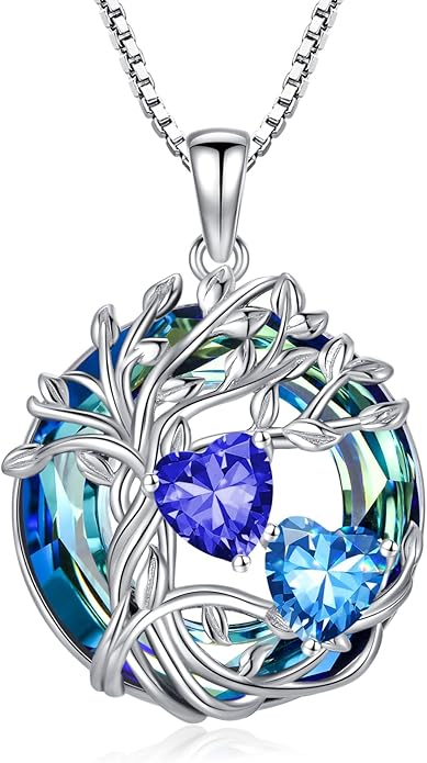 TOUPOP s925 Sterling Silver Family Celtic Tree of Life Pendant Necklaces with 2 Heart Birthstone with Blue Austrian Crystal Jewelry Birthday Valentines Day Gifts for Her, Anniversary Christmas Gifts for Wife Girlfriend Mom (18K Real White Gold Filled)